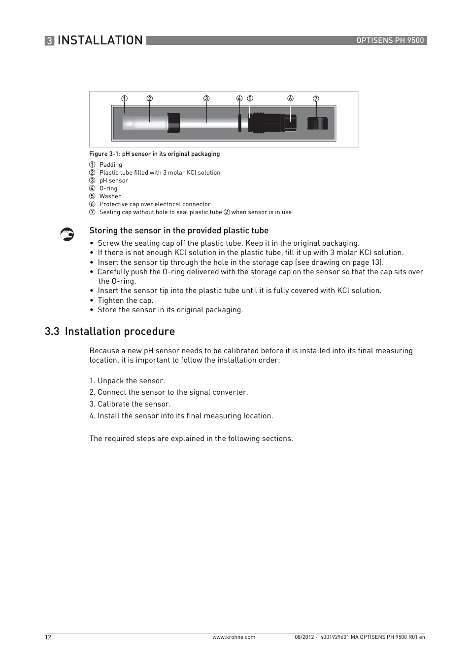 3 installation procedure, Installation | KROHNE OPTISENS PH 9500 User Manual | Page 12 / 48