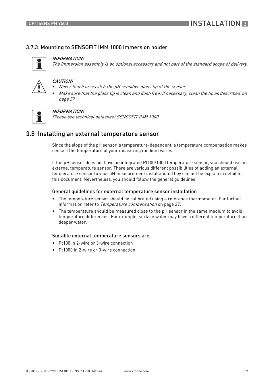 3 mounting to sensofit imm 1000 immersion holder, 8 installing an external temperature sensor, Installation | KROHNE OPTISENS PH 9500 User Manual | Page 19 / 48