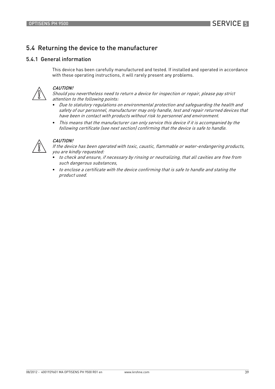 4 returning the device to the manufacturer, 1 general information, Service | KROHNE OPTISENS PH 9500 User Manual | Page 39 / 48