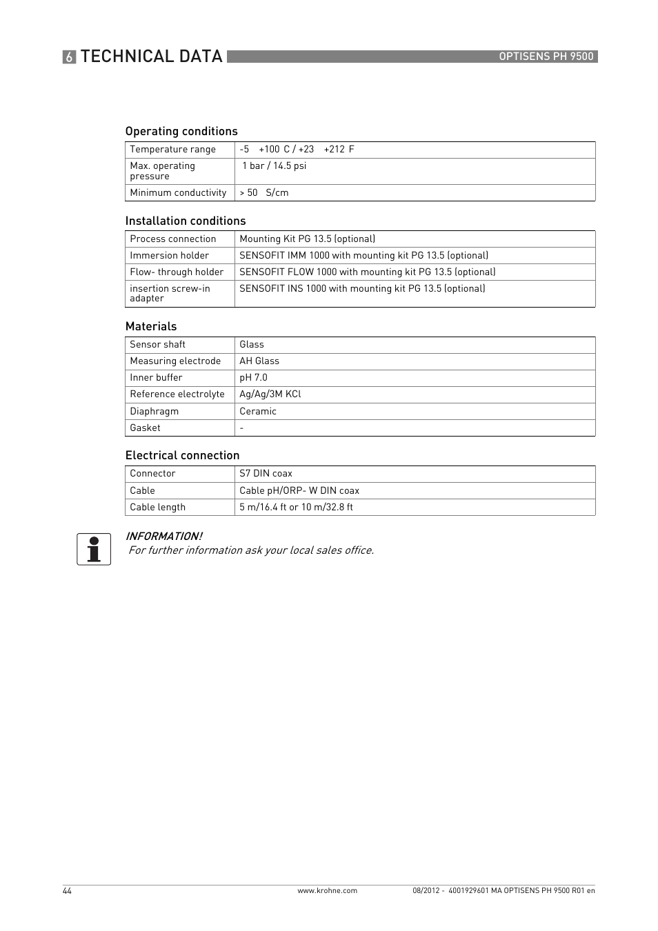 Technical data | KROHNE OPTISENS PH 9500 User Manual | Page 44 / 48