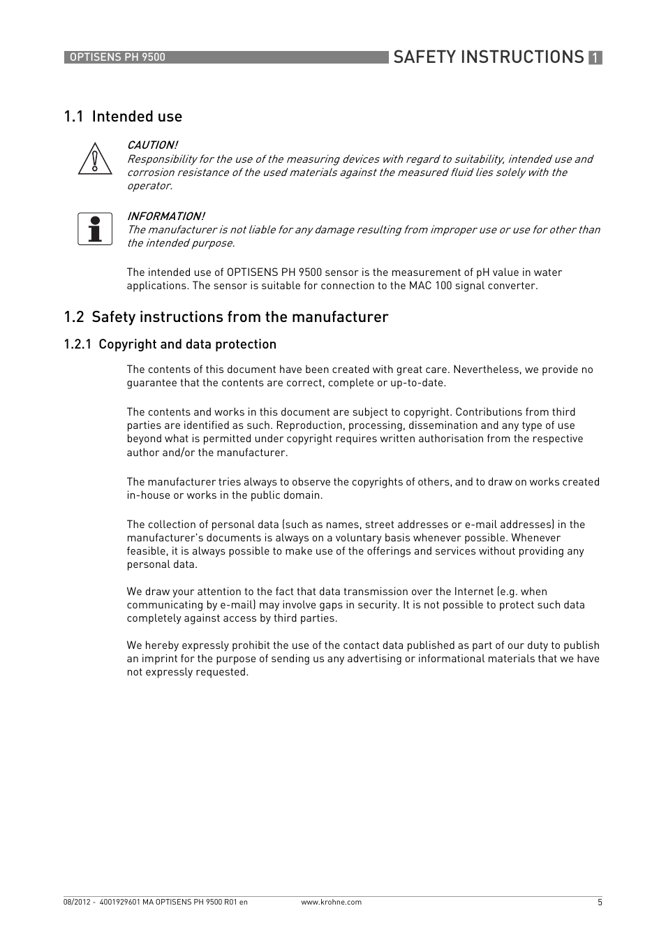 1 intended use, 2 safety instructions from the manufacturer, 1 copyright and data protection | Safety instructions | KROHNE OPTISENS PH 9500 User Manual | Page 5 / 48