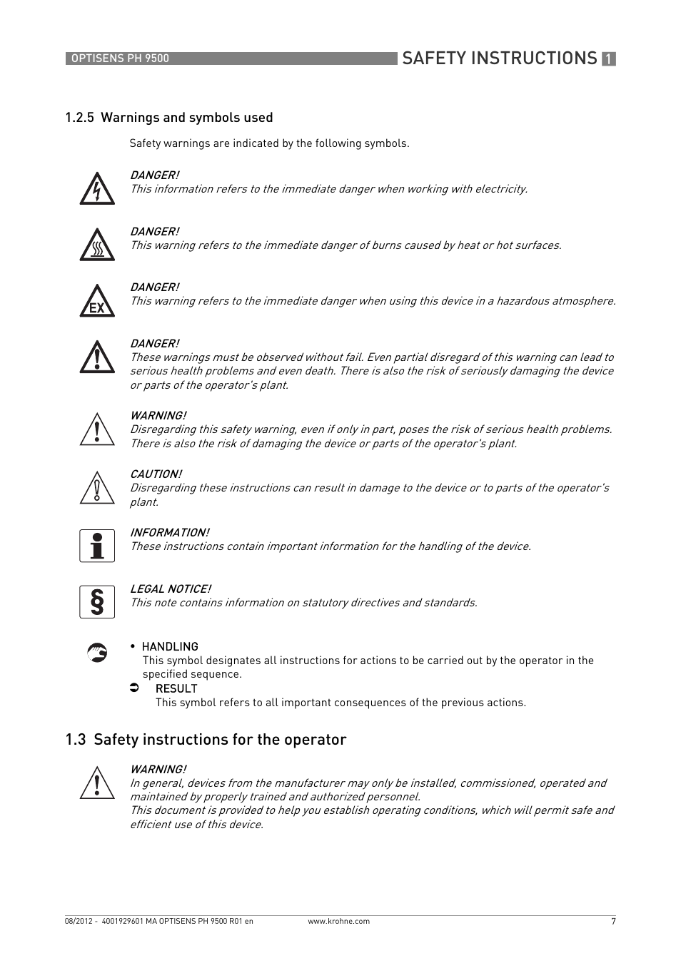 5 warnings and symbols used, 3 safety instructions for the operator, Safety instructions | KROHNE OPTISENS PH 9500 User Manual | Page 7 / 48