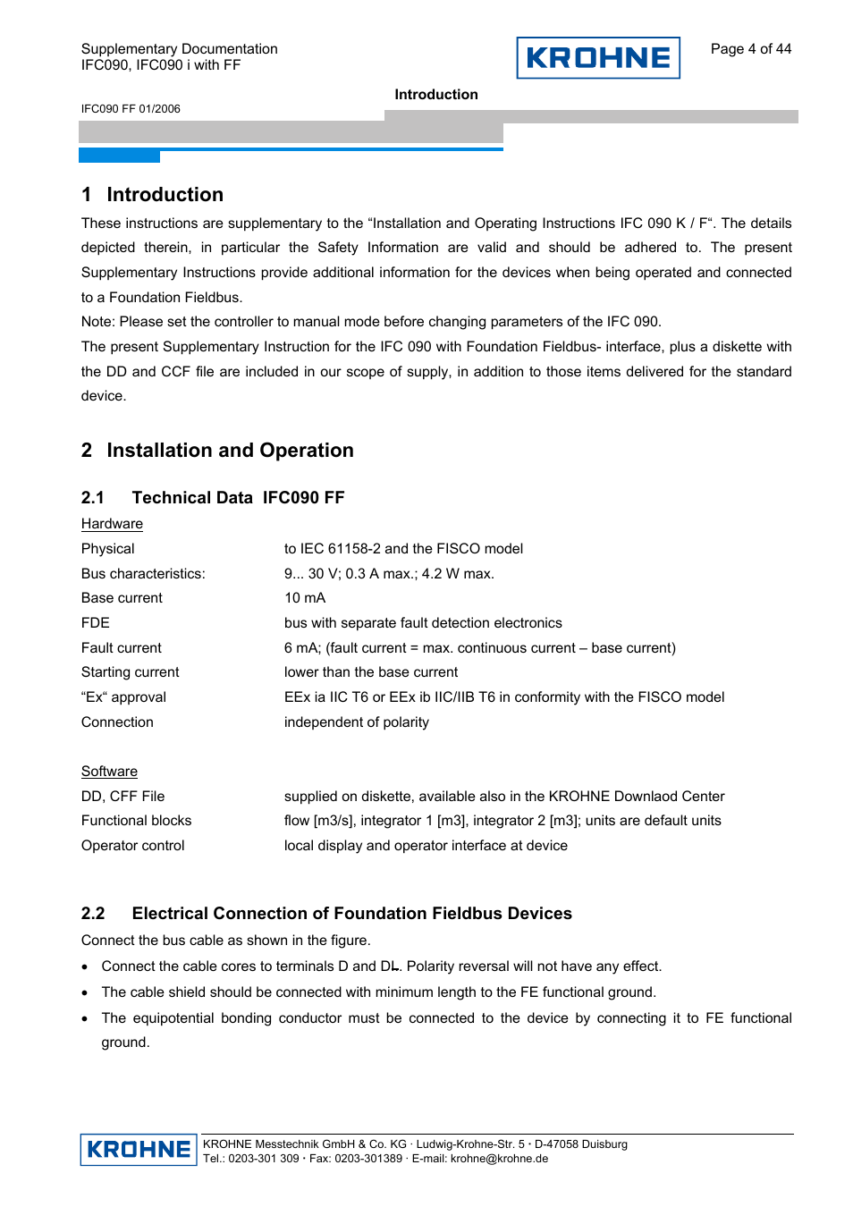 1 introduction, 2 installation and operation | KROHNE IFC 090 i Converter FOUNDATION FIELDBUS User Manual | Page 4 / 44