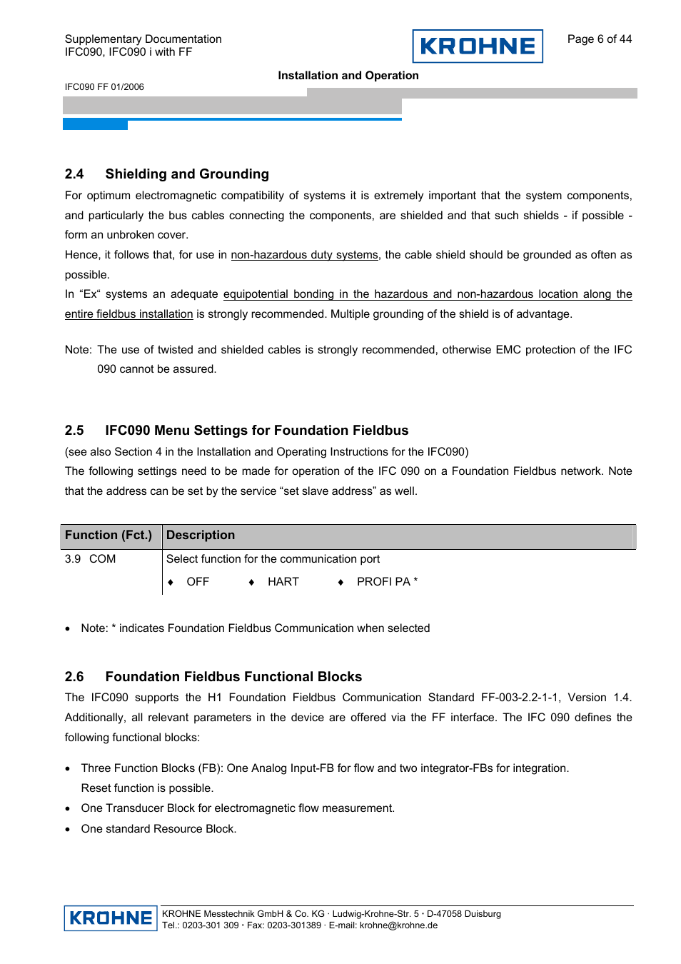 KROHNE IFC 090 i Converter FOUNDATION FIELDBUS User Manual | Page 6 / 44
