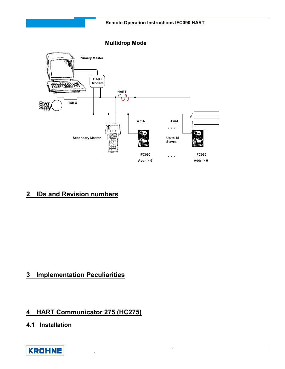 2 ids and revision numbers, 3 implementation peculiarities, 1 installation | Multidrop mode power supply | KROHNE IFC 090 Converter HART User Manual | Page 4 / 8