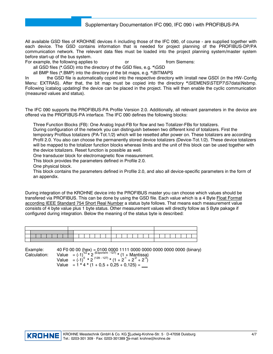 1 gsd, 2 profibus-pa profile, 3 meaning of measurement and status information | 1 + mantissa) value = (-1) | KROHNE IFC 090 Converter PROFIBUS User Manual | Page 4 / 7