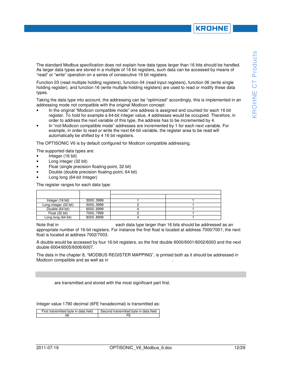 6handling of large data types | KROHNE OPTISONIC V6 Modbus User Manual | Page 12 / 29
