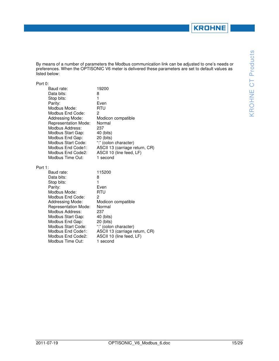 7default settings | KROHNE OPTISONIC V6 Modbus User Manual | Page 15 / 29