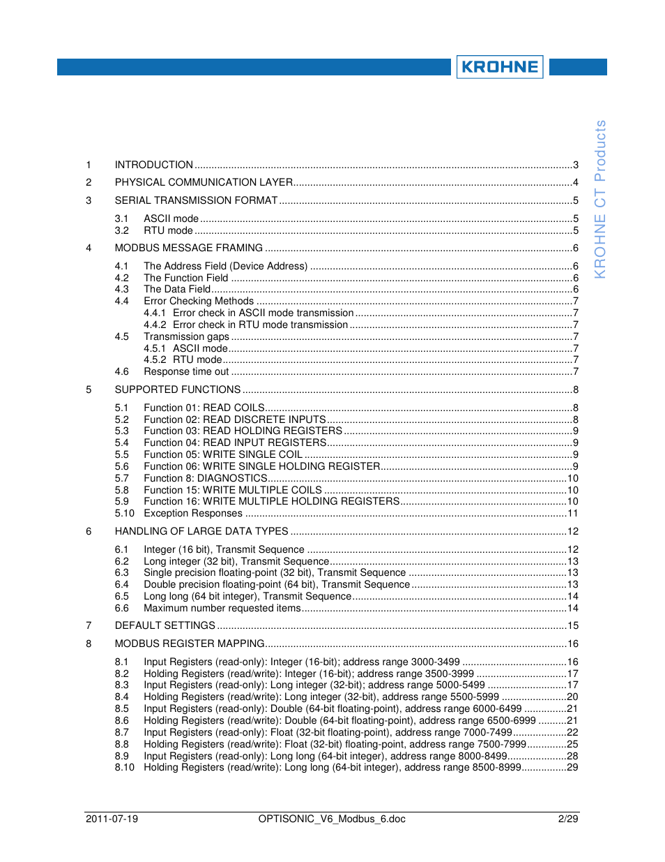 KROHNE OPTISONIC V6 Modbus User Manual | Page 2 / 29