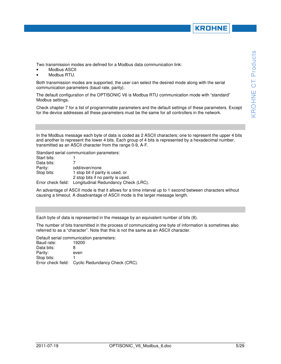 3serial transmission format | KROHNE OPTISONIC V6 Modbus User Manual | Page 5 / 29