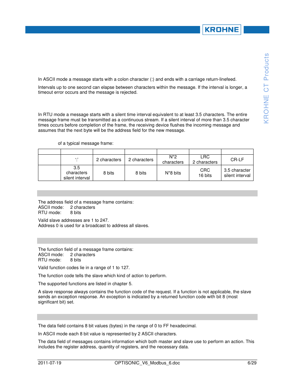 4modbus message framing | KROHNE OPTISONIC V6 Modbus User Manual | Page 6 / 29