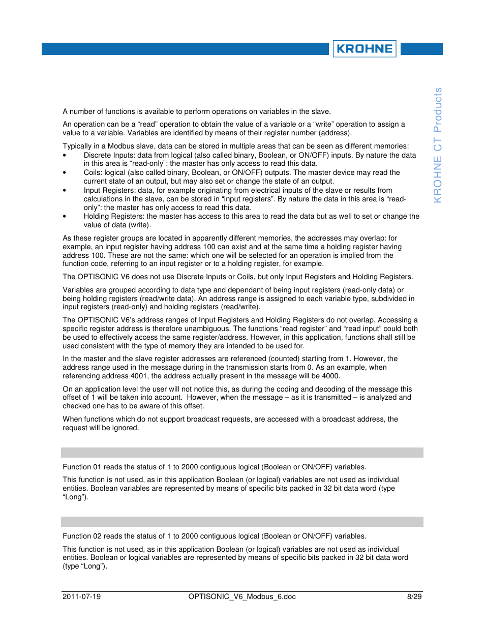 5supported functions | KROHNE OPTISONIC V6 Modbus User Manual | Page 8 / 29
