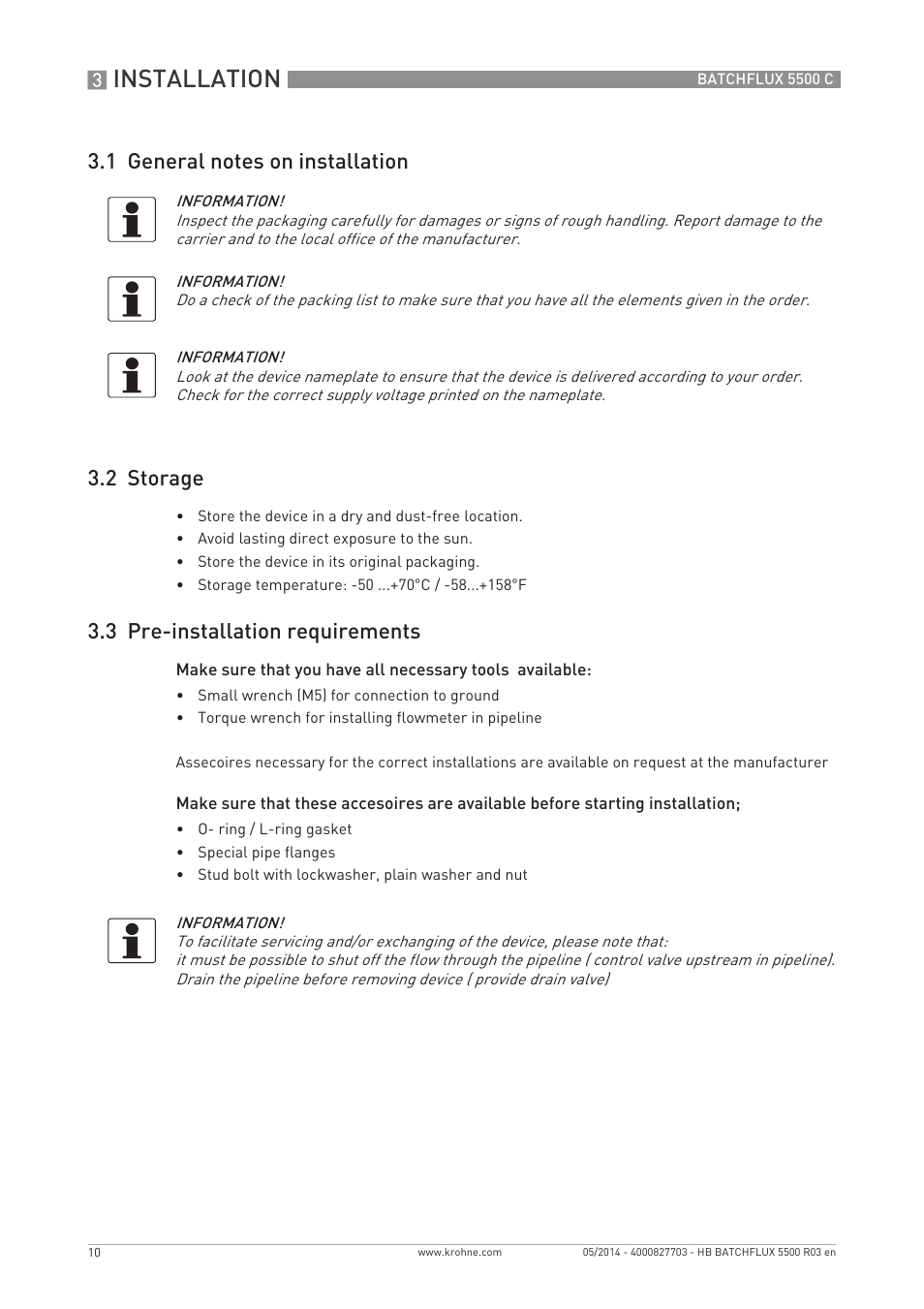 Installation, 3 pre-installation requirements | KROHNE BATCHFLUX 5500 C EN User Manual | Page 10 / 32