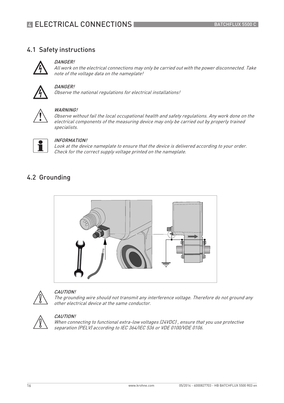 Electrical connections, 1 safety instructions 4.2 grounding | KROHNE BATCHFLUX 5500 C EN User Manual | Page 16 / 32
