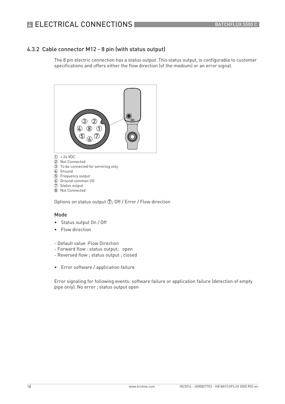 Electrical connections, 2 cable connector m12 - 8 pin (with status output) | KROHNE BATCHFLUX 5500 C EN User Manual | Page 18 / 32