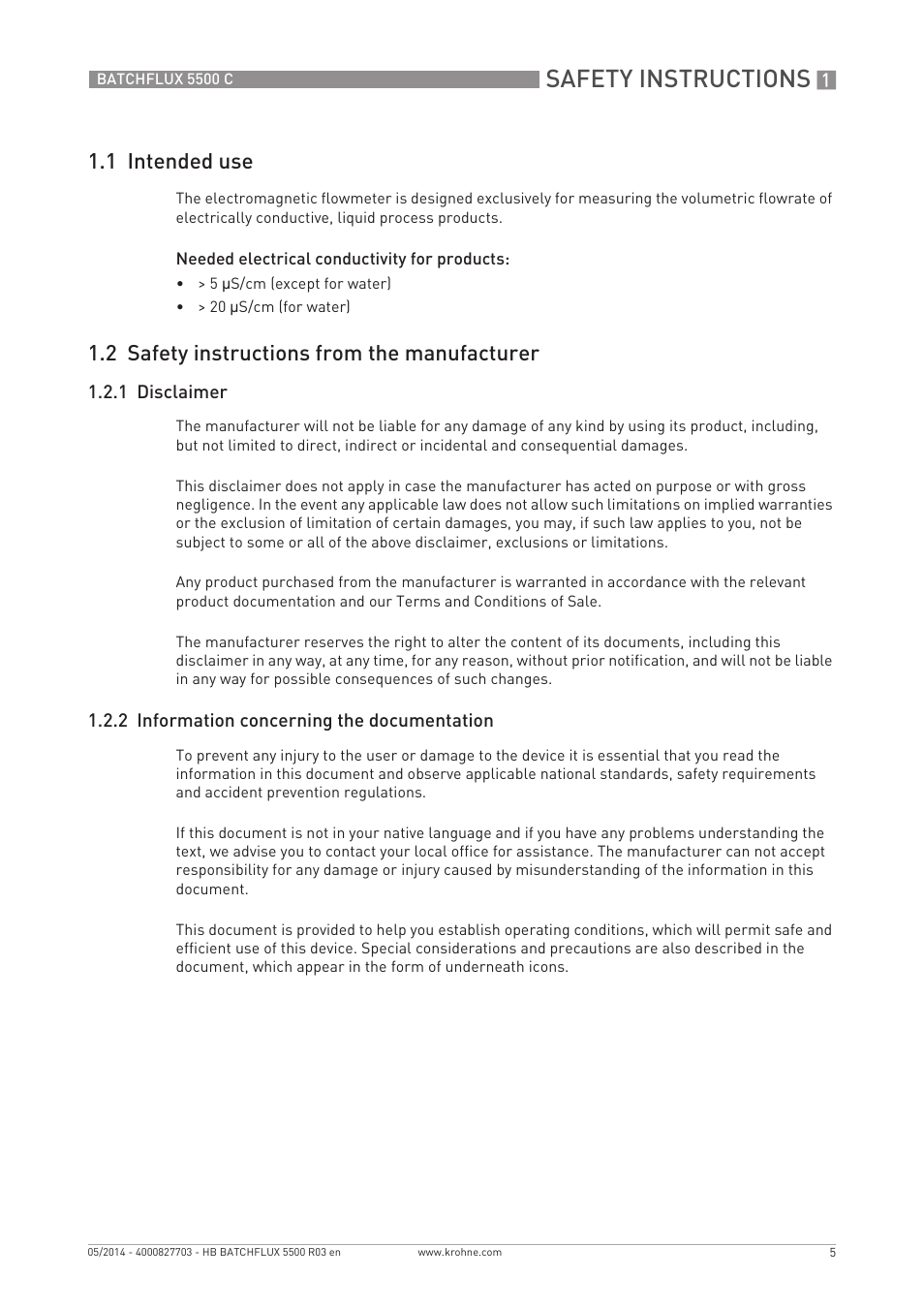 Safety instructions, 1 intended use, 2 safety instructions from the manufacturer | KROHNE BATCHFLUX 5500 C EN User Manual | Page 5 / 32