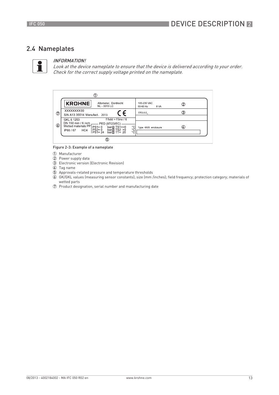 Device description, 4 nameplates | KROHNE IFC 050 Converter EN User Manual | Page 13 / 84