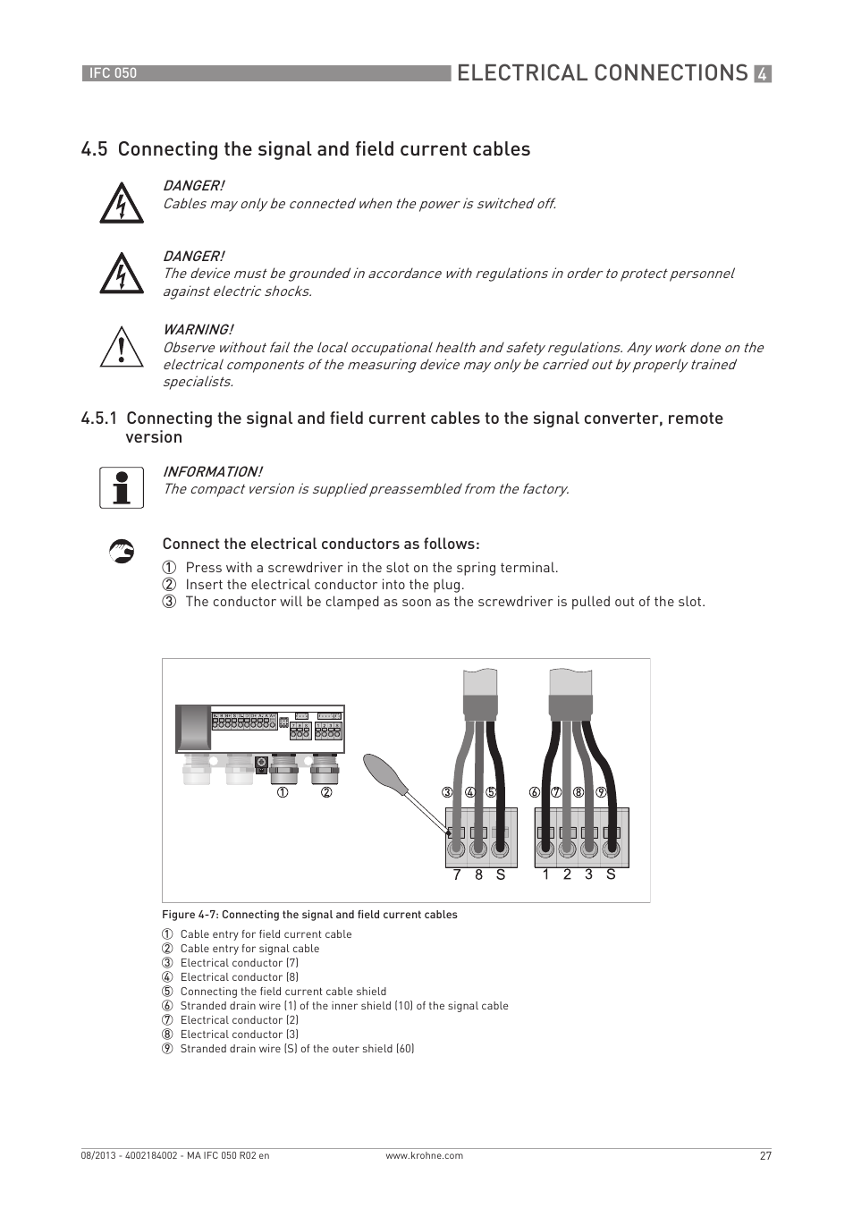 Electrical connections, 5 connecting the signal and field current cables | KROHNE IFC 050 Converter EN User Manual | Page 27 / 84