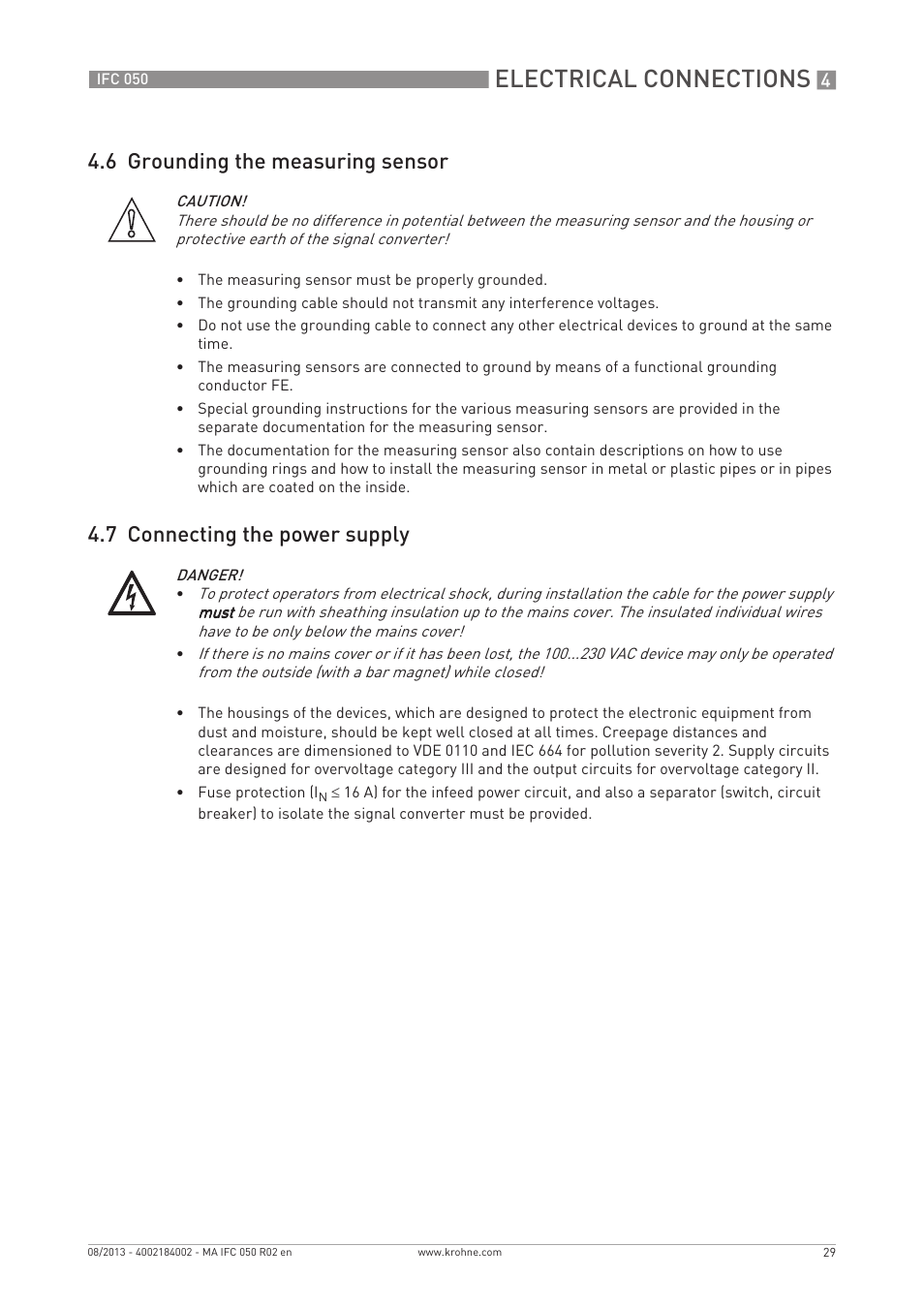 Electrical connections, 6 grounding the measuring sensor, 7 connecting the power supply | KROHNE IFC 050 Converter EN User Manual | Page 29 / 84