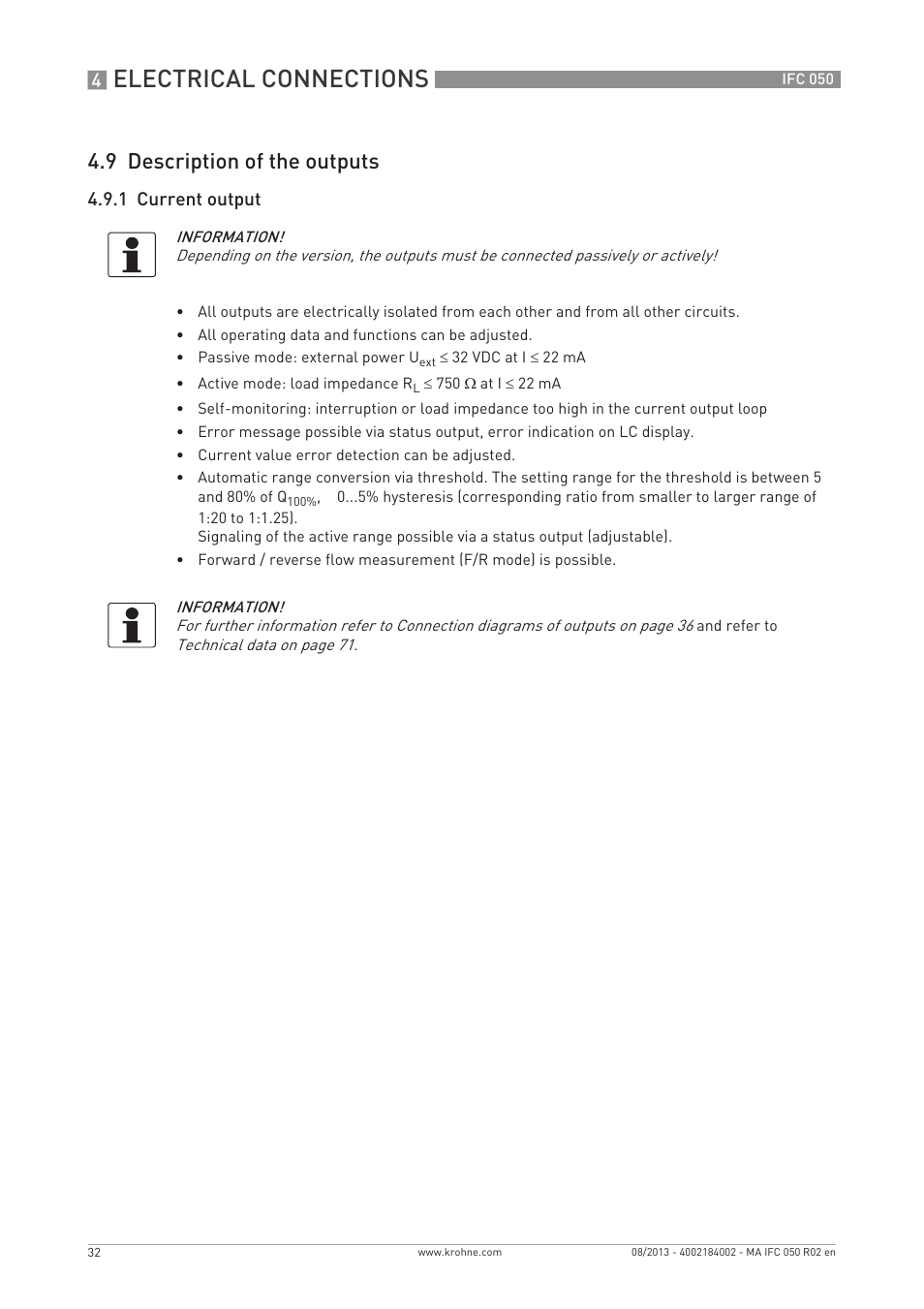 Electrical connections, 9 description of the outputs, 1 current output | KROHNE IFC 050 Converter EN User Manual | Page 32 / 84