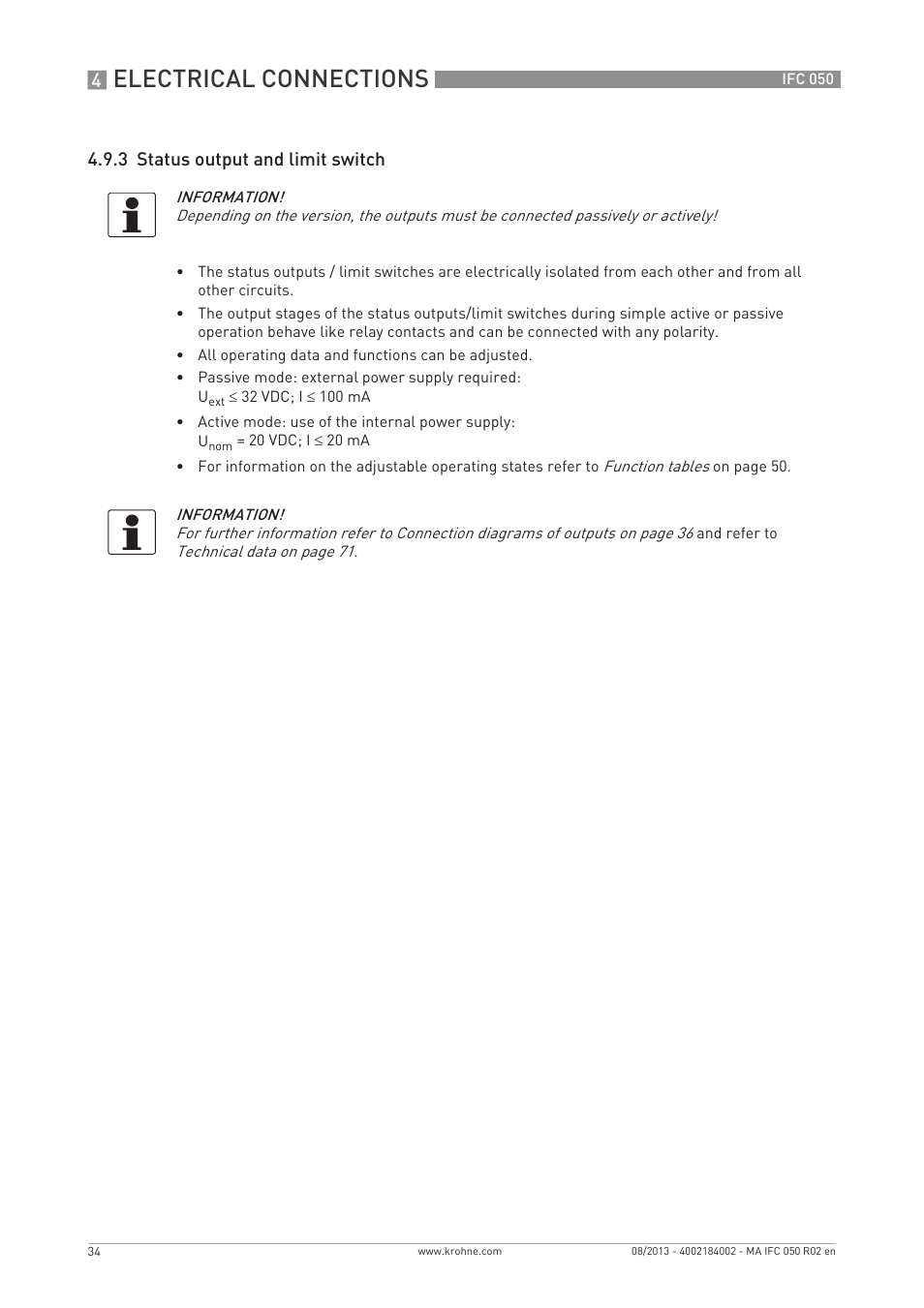 Electrical connections, 3 status output and limit switch | KROHNE IFC 050 Converter EN User Manual | Page 34 / 84