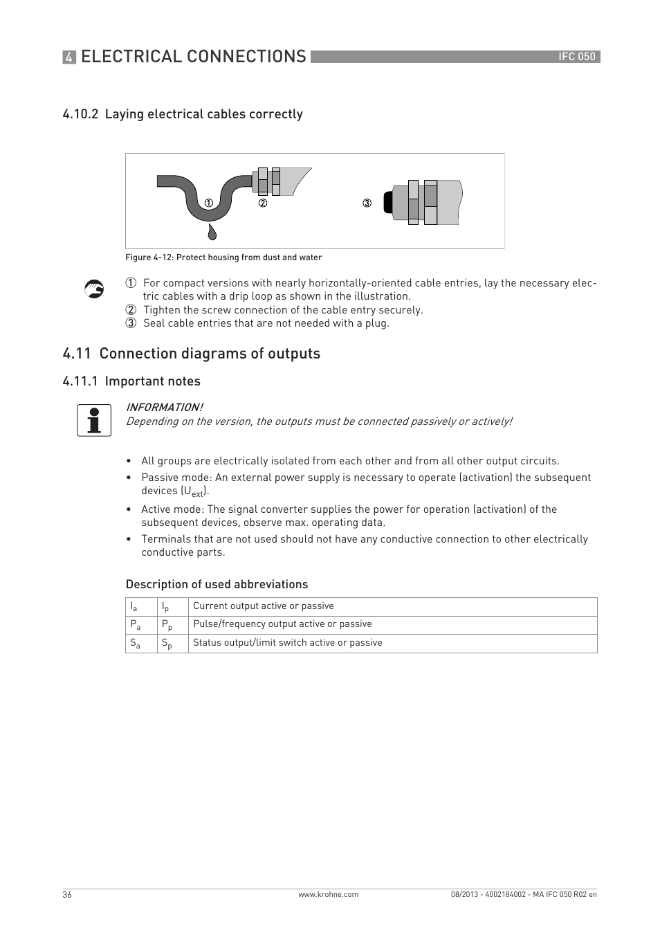 Electrical connections, 11 connection diagrams of outputs, 2 laying electrical cables correctly | KROHNE IFC 050 Converter EN User Manual | Page 36 / 84
