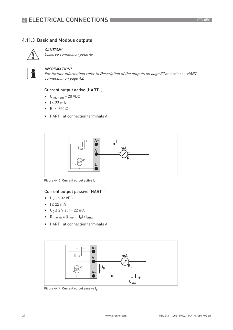 Electrical connections, 3 basic and modbus outputs | KROHNE IFC 050 Converter EN User Manual | Page 38 / 84