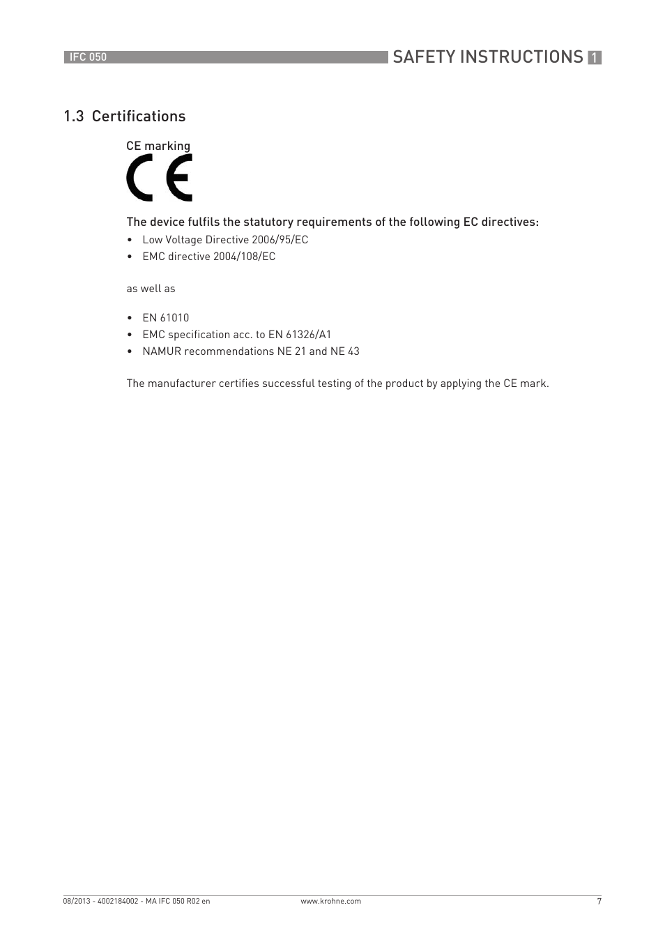 Safety instructions, 3 certifications | KROHNE IFC 050 Converter EN User Manual | Page 7 / 84