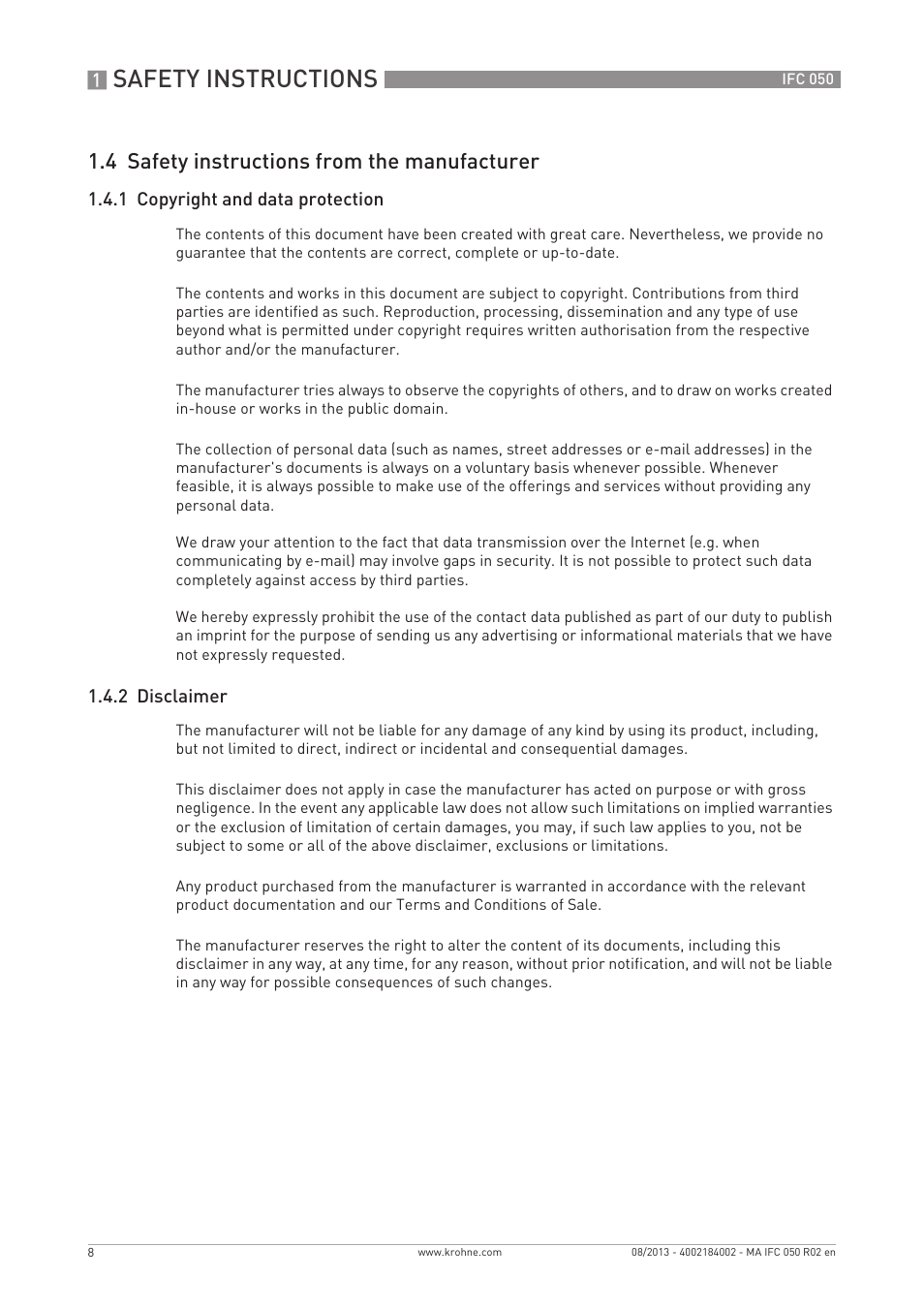 Safety instructions, 4 safety instructions from the manufacturer | KROHNE IFC 050 Converter EN User Manual | Page 8 / 84