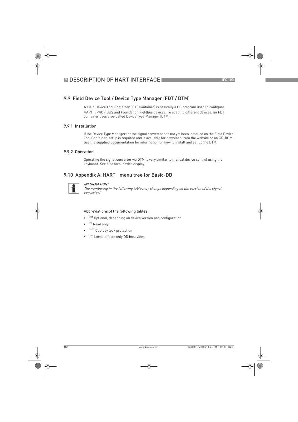 Description of hart interface, 10 appendix a: hart, Menu tree for basic-dd | KROHNE IFC 100 Converter EN User Manual | Page 100 / 116