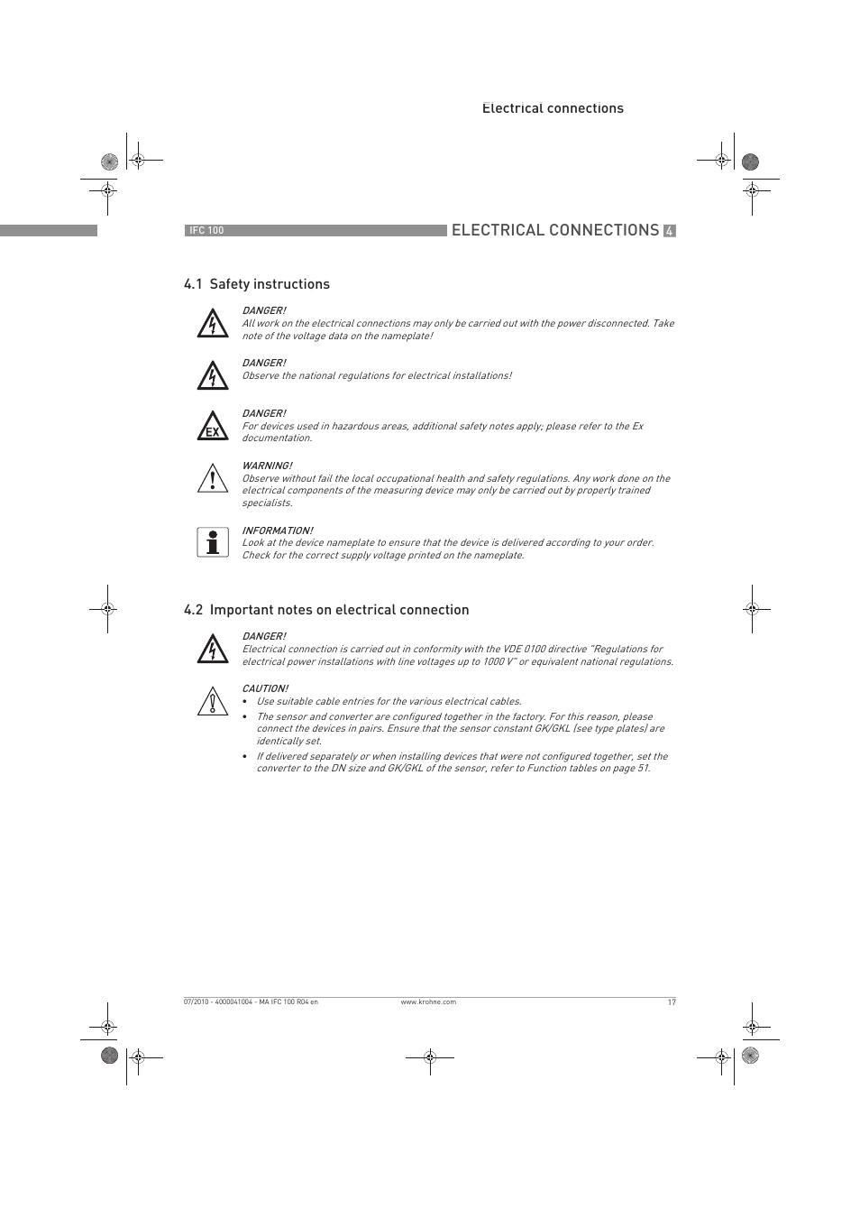 Electrical connections | KROHNE IFC 100 Converter EN User Manual | Page 17 / 116