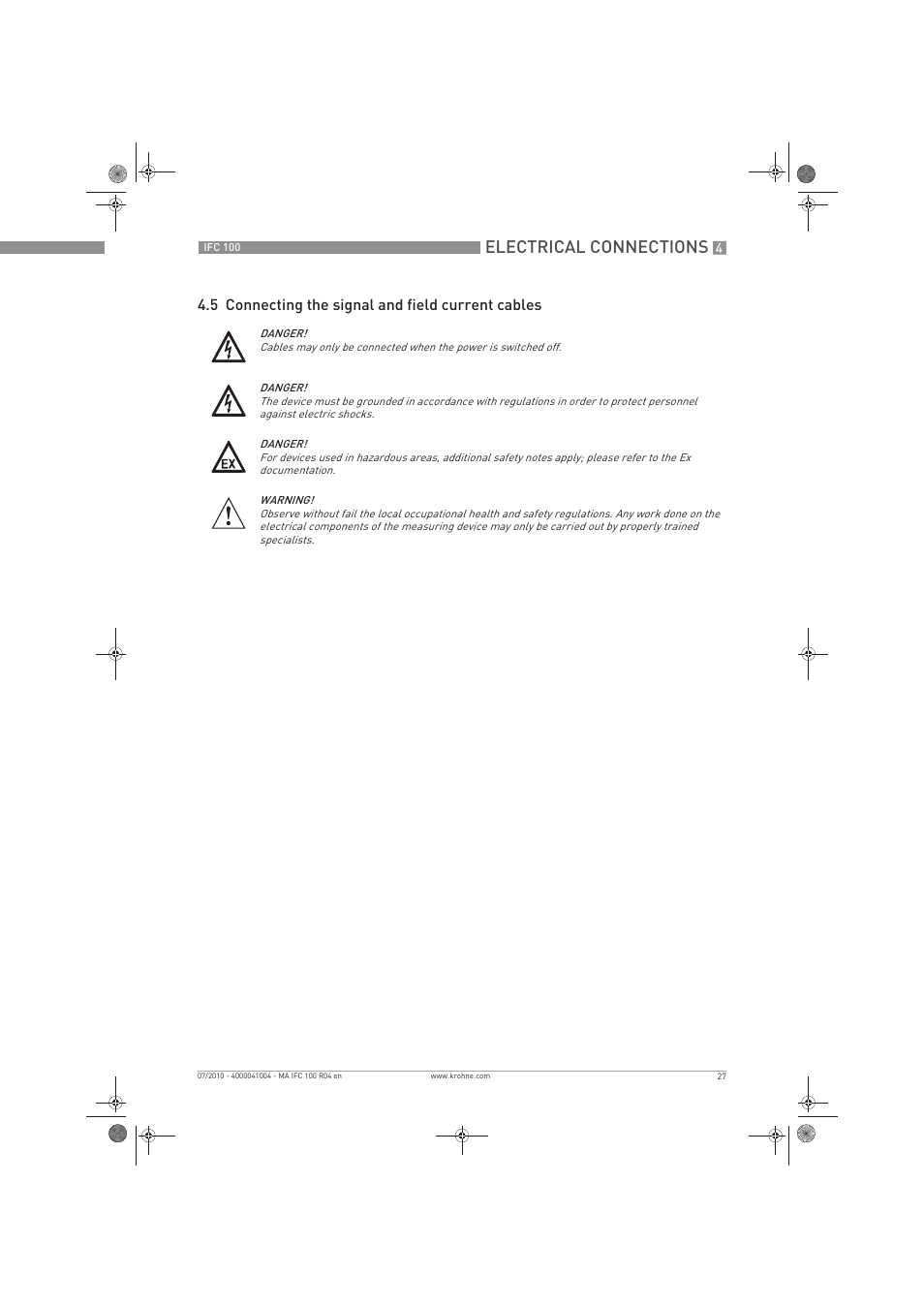 Electrical connections, 5 connecting the signal and field current cables | KROHNE IFC 100 Converter EN User Manual | Page 27 / 116
