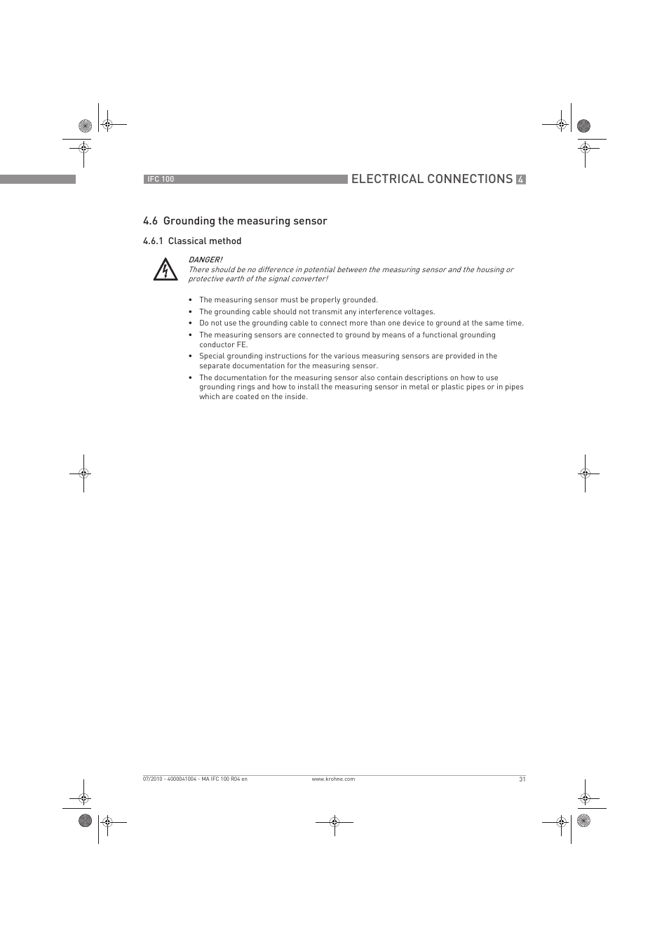 Electrical connections, 6 grounding the measuring sensor | KROHNE IFC 100 Converter EN User Manual | Page 31 / 116