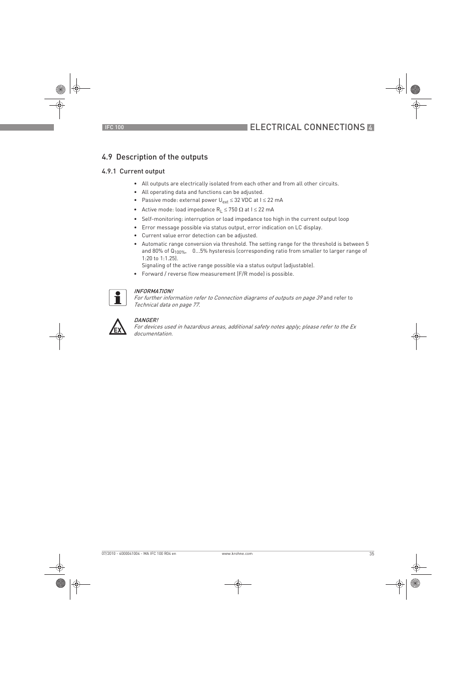 Electrical connections, 9 description of the outputs | KROHNE IFC 100 Converter EN User Manual | Page 35 / 116