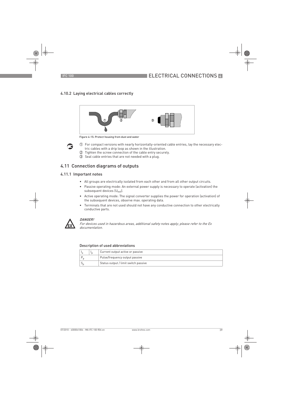 Electrical connections, 11 connection diagrams of outputs | KROHNE IFC 100 Converter EN User Manual | Page 39 / 116