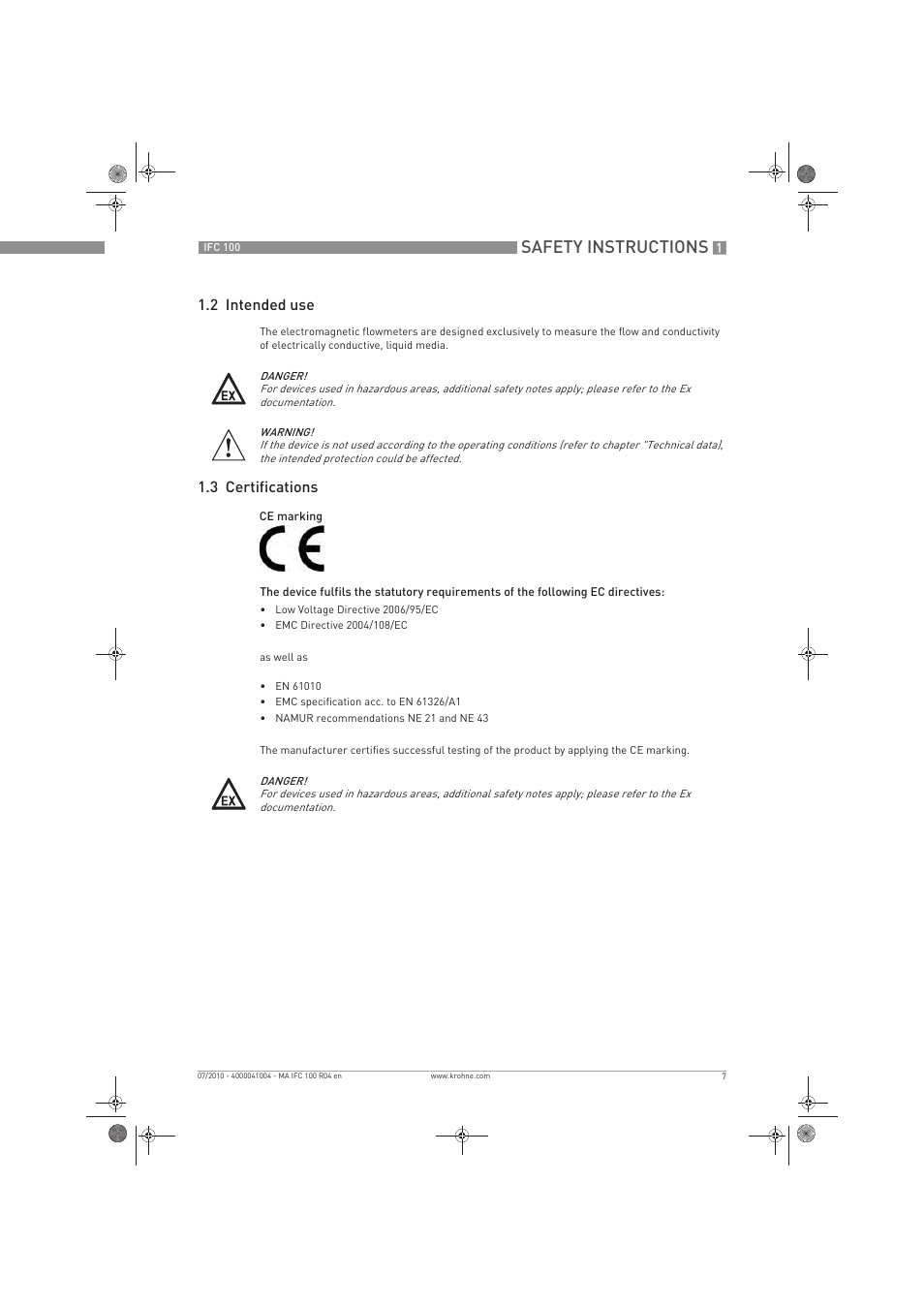 Safety instructions, 2 intended use, 3 certifications | KROHNE IFC 100 Converter EN User Manual | Page 7 / 116