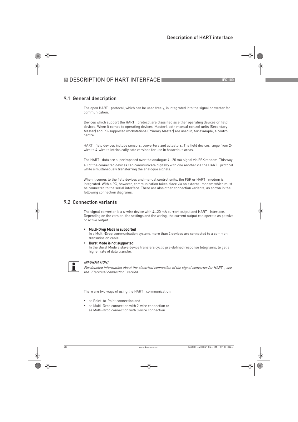 Description of hart interface, 2 connection variants | KROHNE IFC 100 Converter EN User Manual | Page 90 / 116