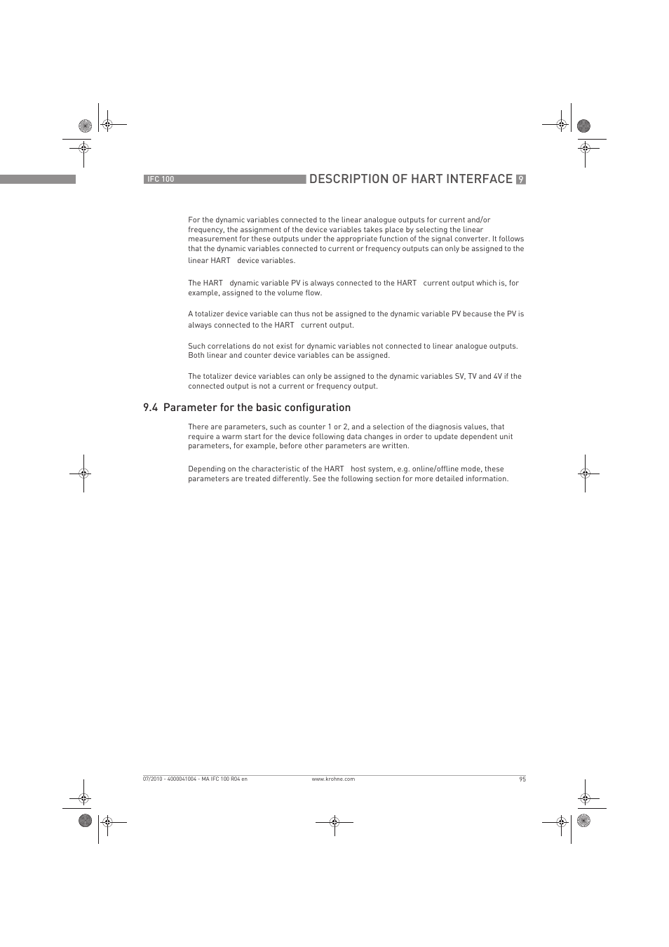 Description of hart interface, 4 parameter for the basic configuration | KROHNE IFC 100 Converter EN User Manual | Page 95 / 116
