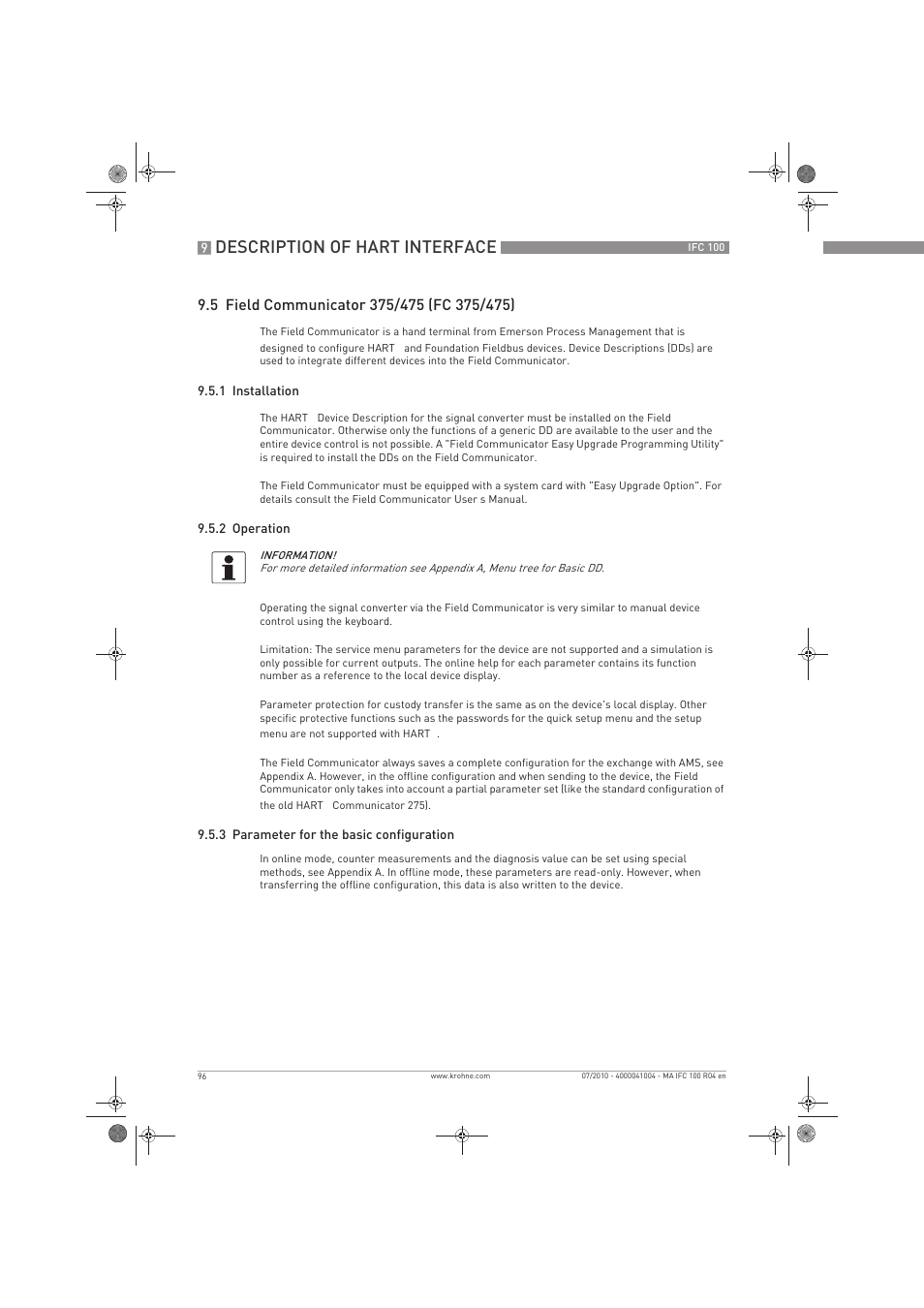 Description of hart interface | KROHNE IFC 100 Converter EN User Manual | Page 96 / 116