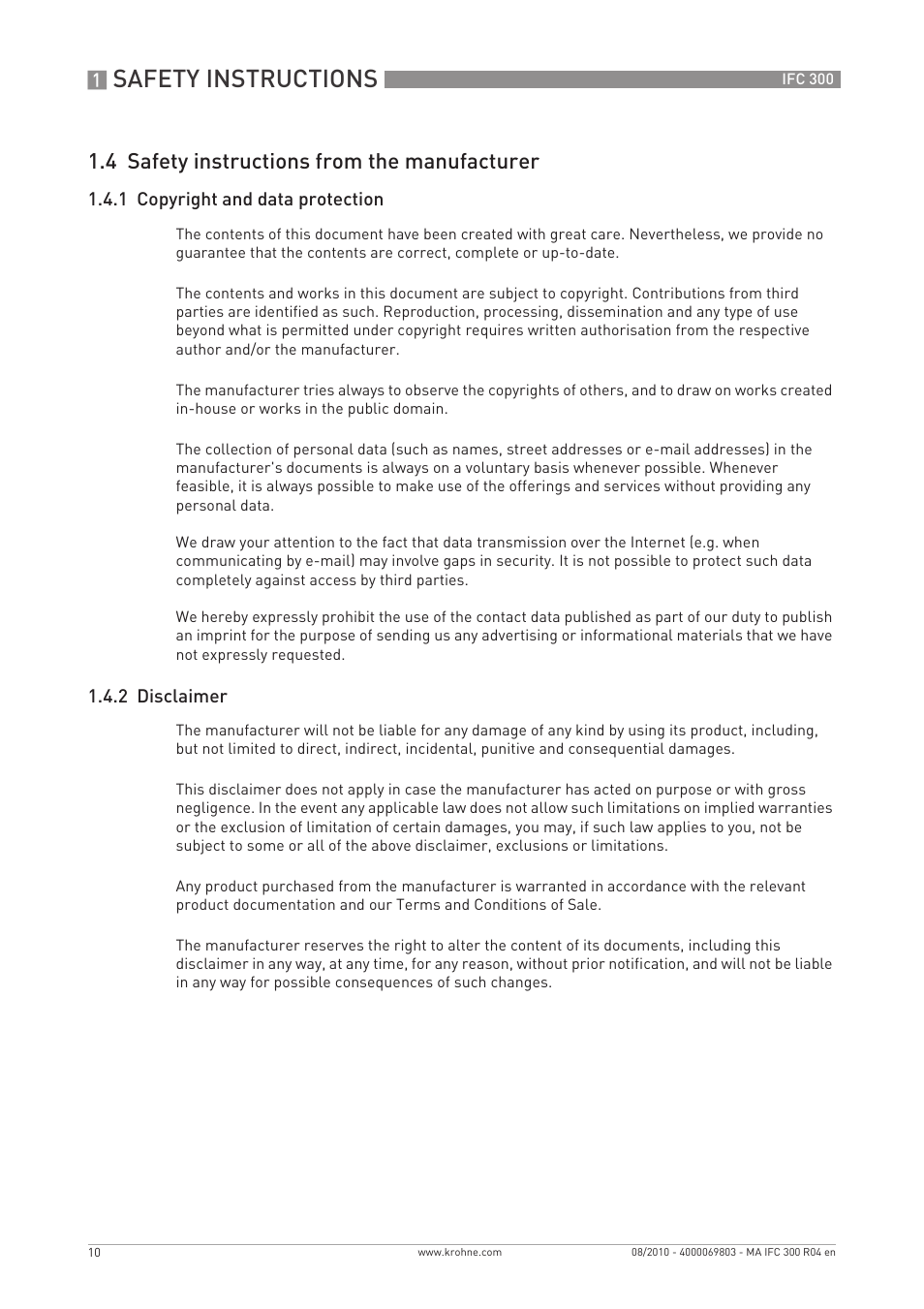 Safety instructions, 4 safety instructions from the manufacturer | KROHNE IFC 300 Converter EN User Manual | Page 10 / 192