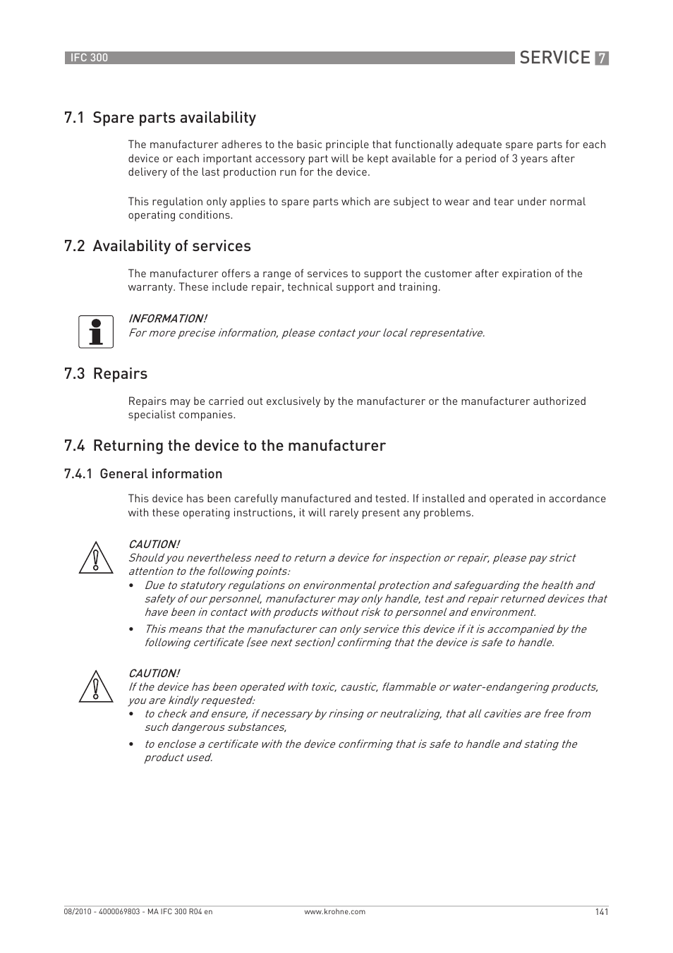 Service, 1 spare parts availability, 2 availability of services | 3 repairs, 4 returning the device to the manufacturer | KROHNE IFC 300 Converter EN User Manual | Page 141 / 192