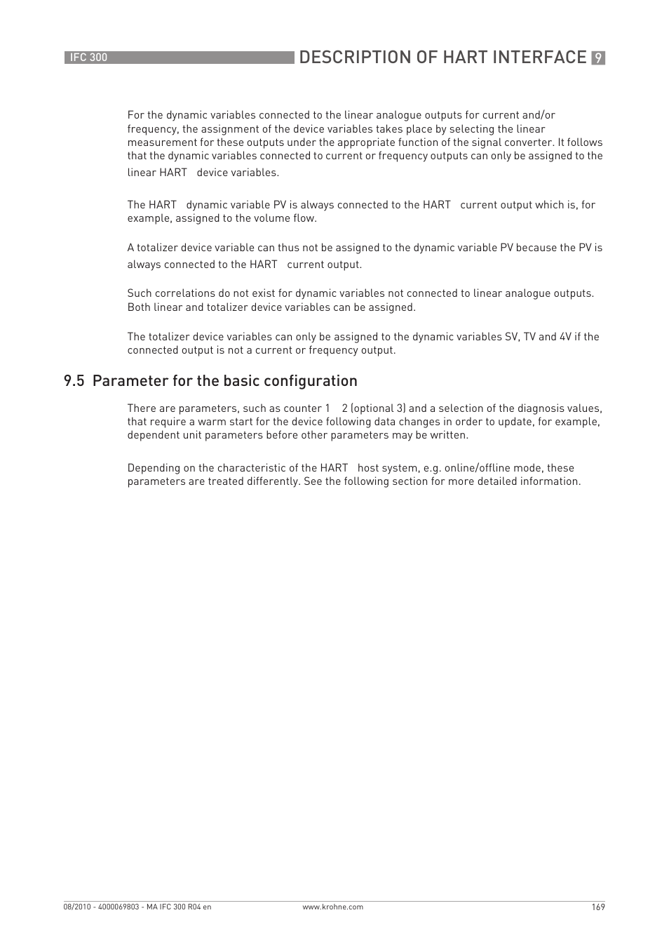 Description of hart interface, 5 parameter for the basic configuration | KROHNE IFC 300 Converter EN User Manual | Page 169 / 192