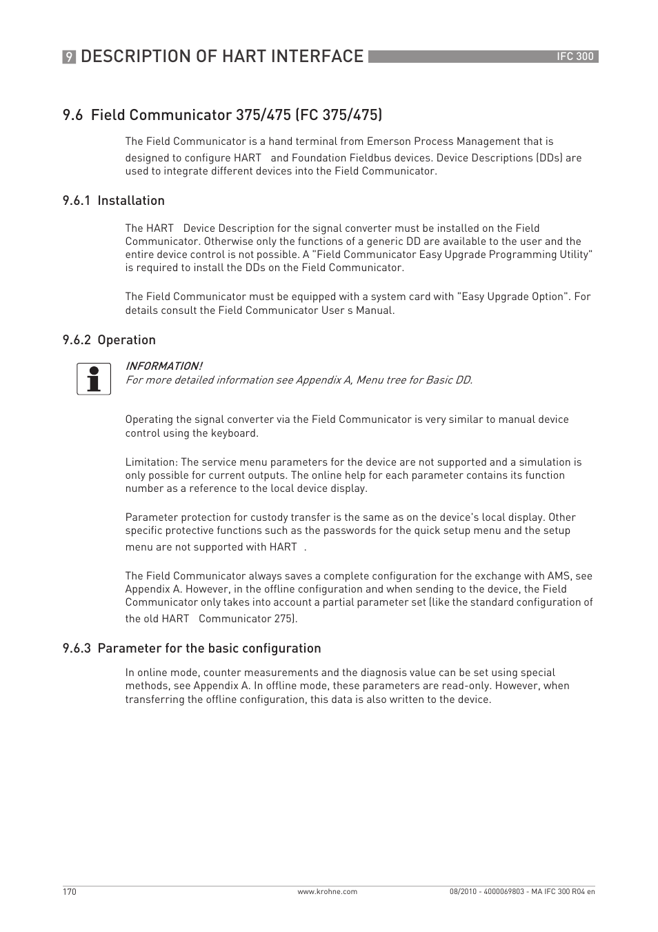 Description of hart interface, 1 installation, 2 operation | 3 parameter for the basic configuration | KROHNE IFC 300 Converter EN User Manual | Page 170 / 192