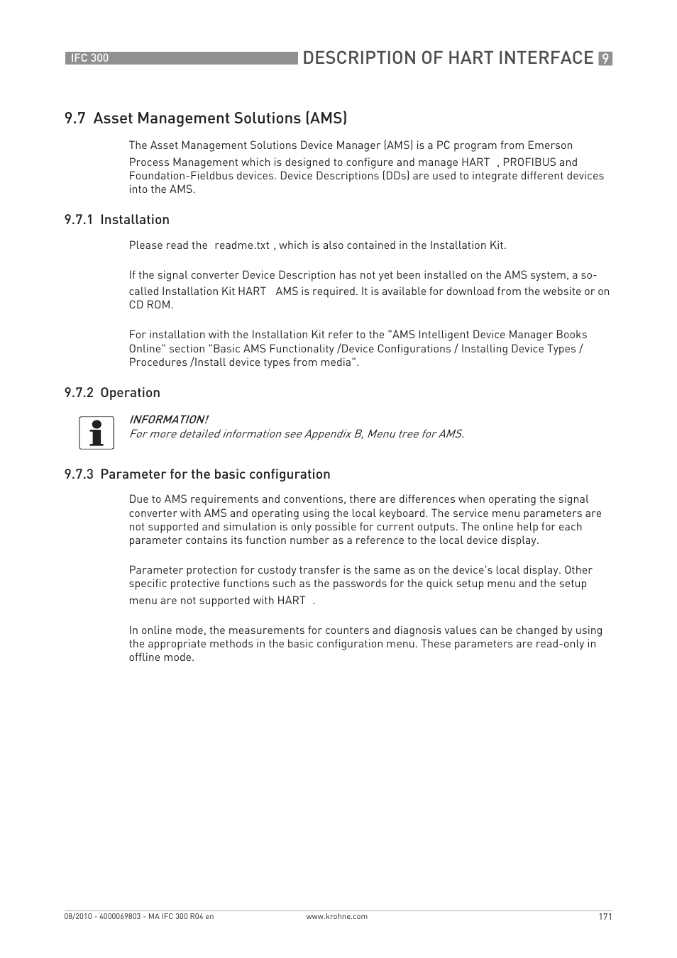 Description of hart interface, 7 asset management solutions (ams) | KROHNE IFC 300 Converter EN User Manual | Page 171 / 192