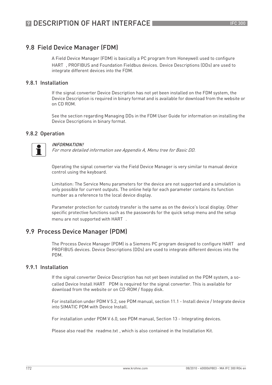 Description of hart interface, 8 field device manager (fdm), 9 process device manager (pdm) | KROHNE IFC 300 Converter EN User Manual | Page 172 / 192