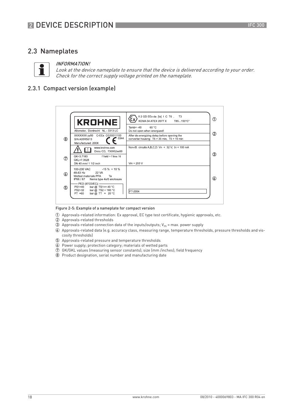 Device description, 3 nameplates, 1 compact version (example) | KROHNE IFC 300 Converter EN User Manual | Page 18 / 192