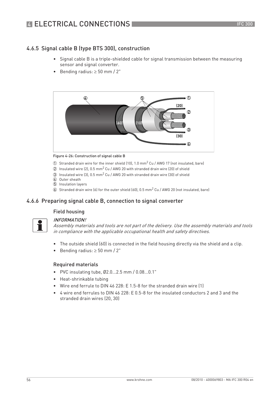 Electrical connections, 5 signal cable b (type bts 300), construction | KROHNE IFC 300 Converter EN User Manual | Page 56 / 192