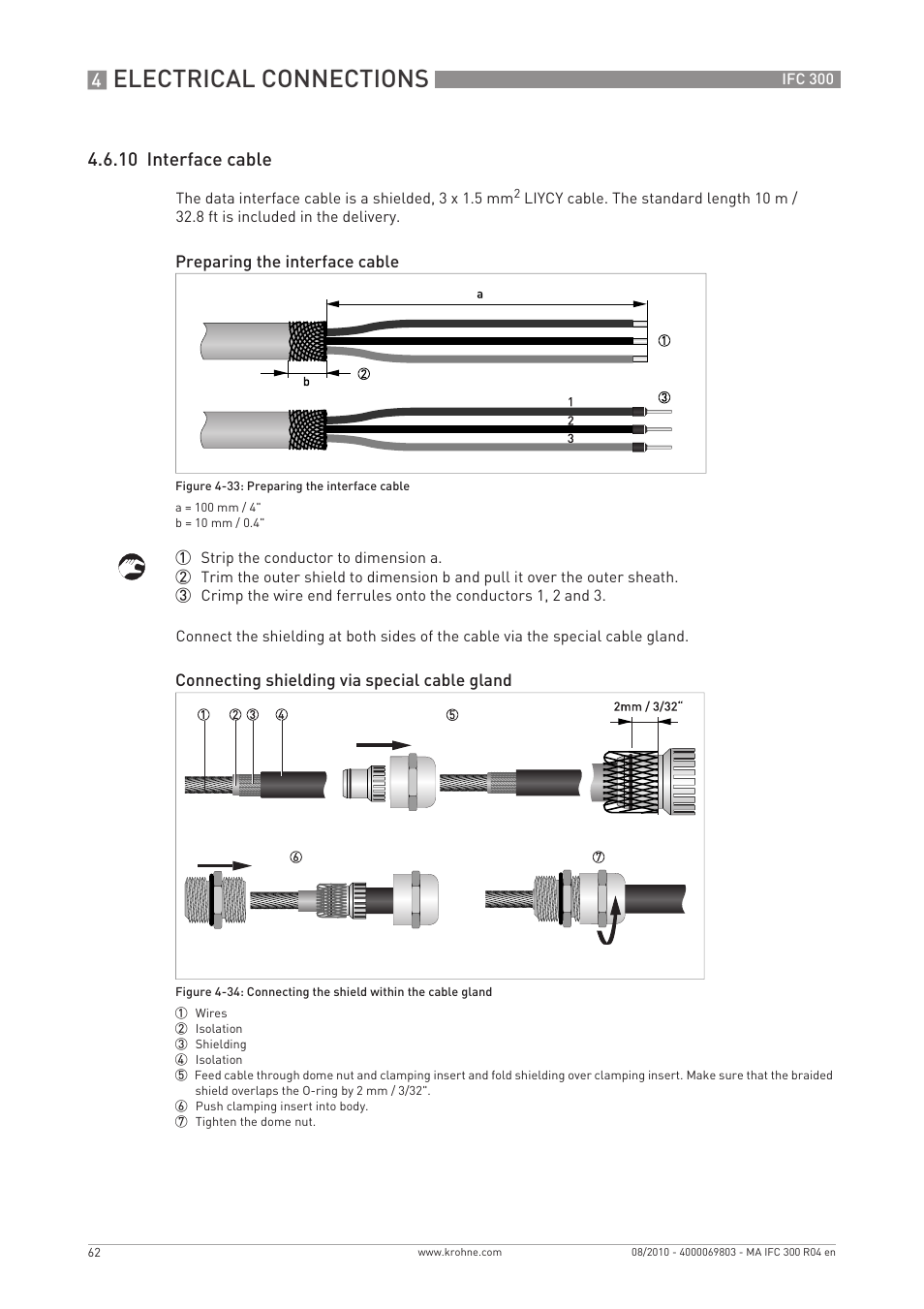 Electrical connections, 10 interface cable | KROHNE IFC 300 Converter EN User Manual | Page 62 / 192