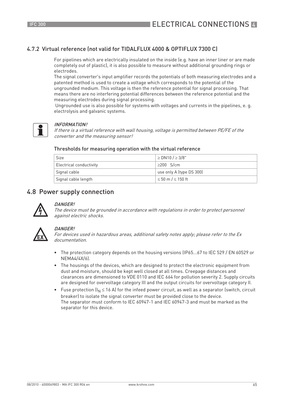 Electrical connections, 8 power supply connection | KROHNE IFC 300 Converter EN User Manual | Page 65 / 192
