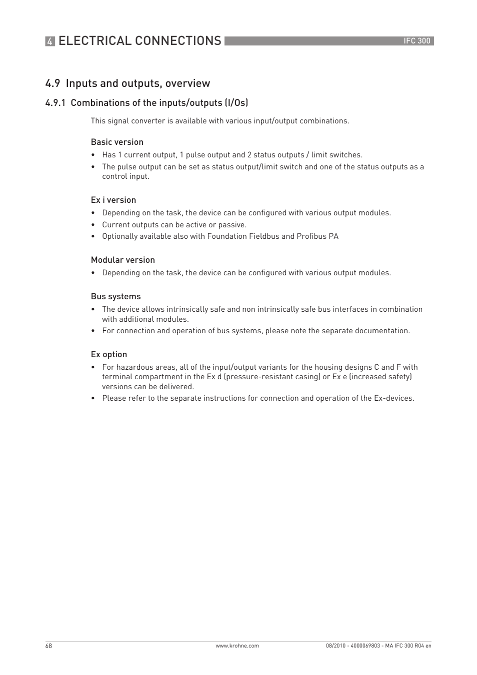 Electrical connections, 9 inputs and outputs, overview | KROHNE IFC 300 Converter EN User Manual | Page 68 / 192